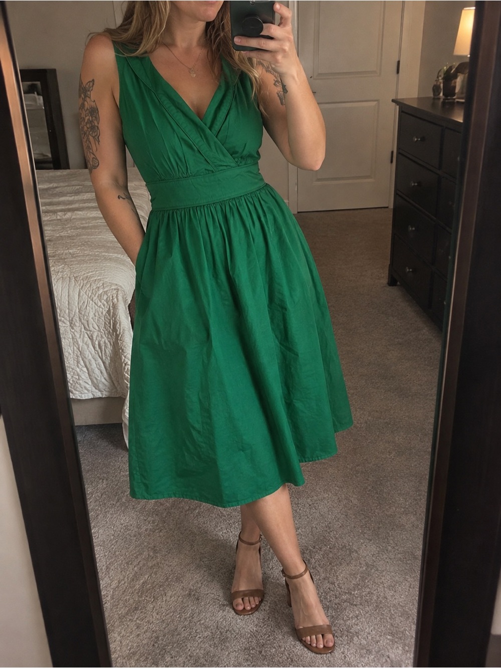eShakti Size S/4 Emerald Green Cotton Fit & Flare Midi Dress
